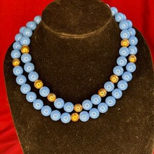 Unique & Gorgeous Retro Vintage Blue & Goldtone Large Beaded Strand Necklace!